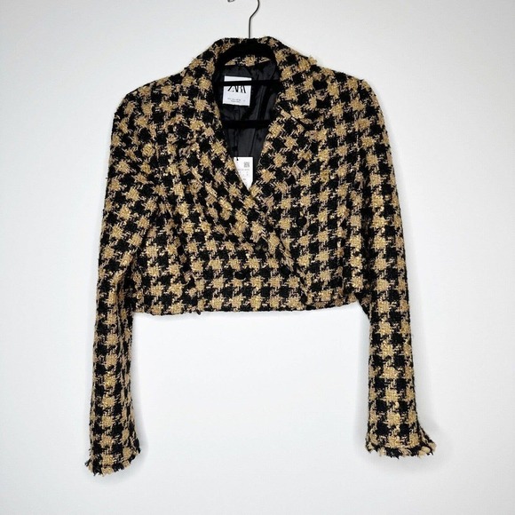 NWT ZARA Tweed Houndstooth Cropped Textured Blazer Jacket Women's Brown Size L - Picture 3 of 8